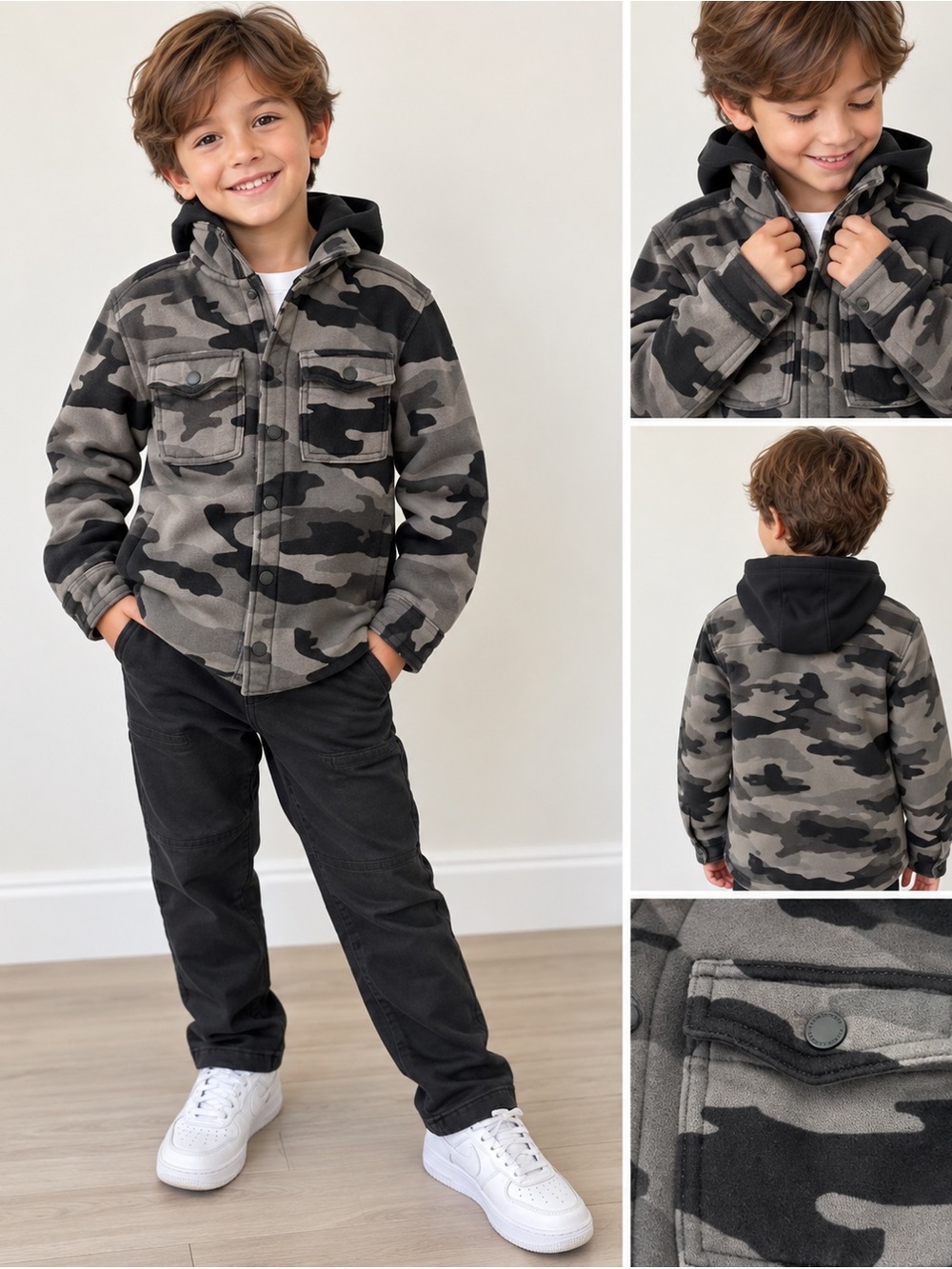 Abercrombie Kids Boys Camo Hooded Jacket Gray Black Size 7/8